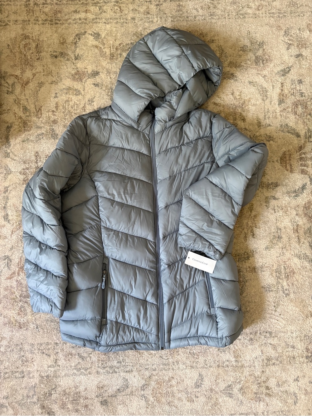 Woman’s Lightweight Hooded Puffer Jacket - Gray- Charter Club Brand New w/ tag